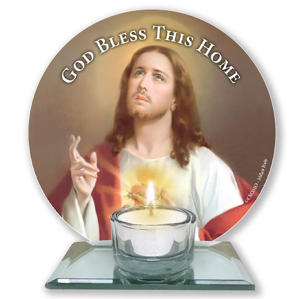 Glass Votive Light Holder/Sacred Heart