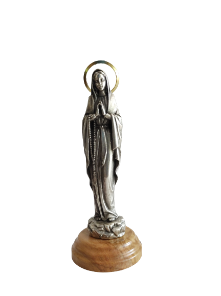Metal Statue/Lourdes/Olive Wood Base