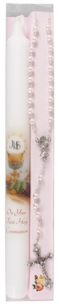 Communion Candle Boxed Pink Rosary 10 inch - Girl